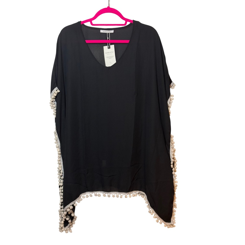 Adreamly Black Pom Pom Trim Kaftan V-Neck Beach Swim Cover Up New